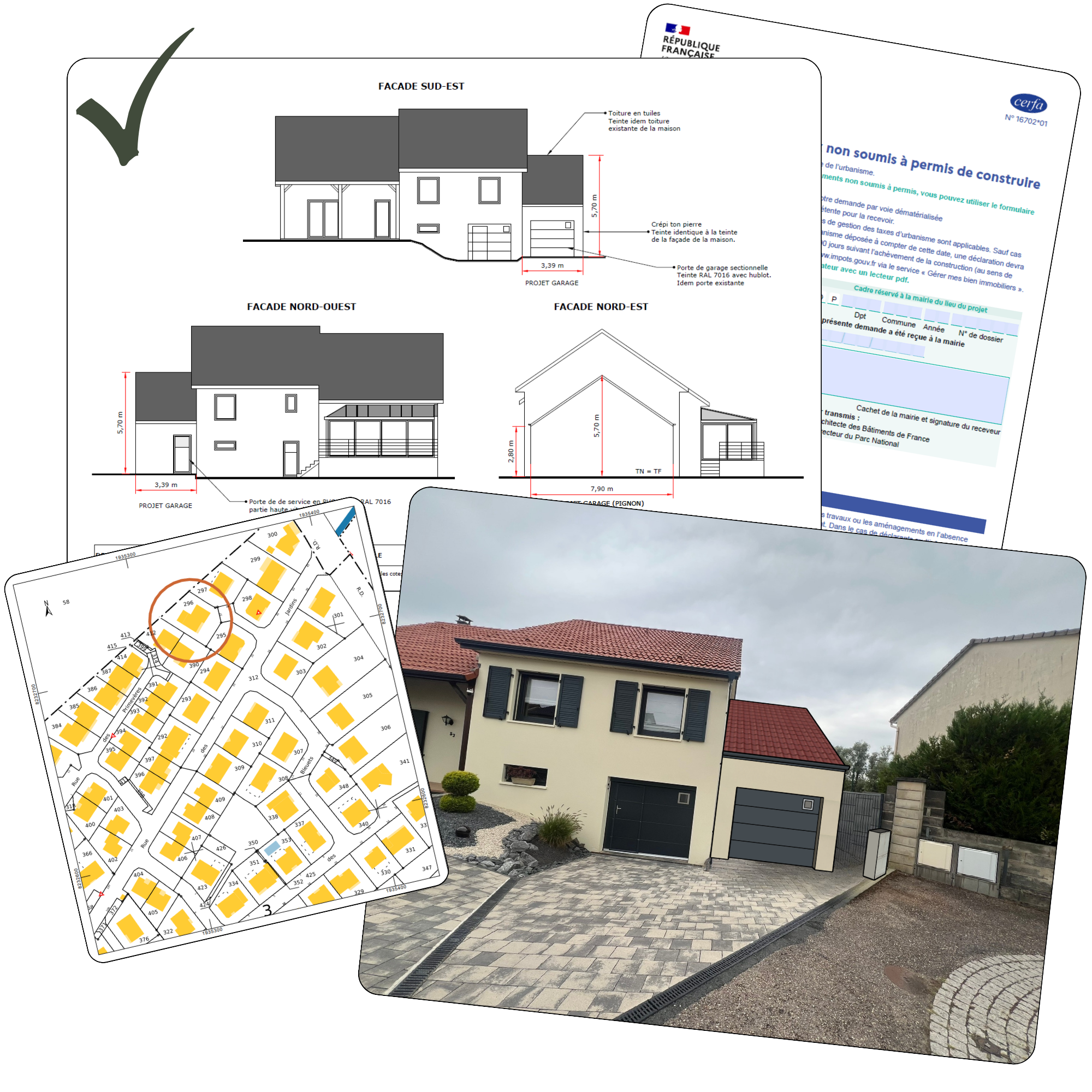 Dossier de permis de construire complet : plans, formulaire Cerfa, cadastre et photo de maison